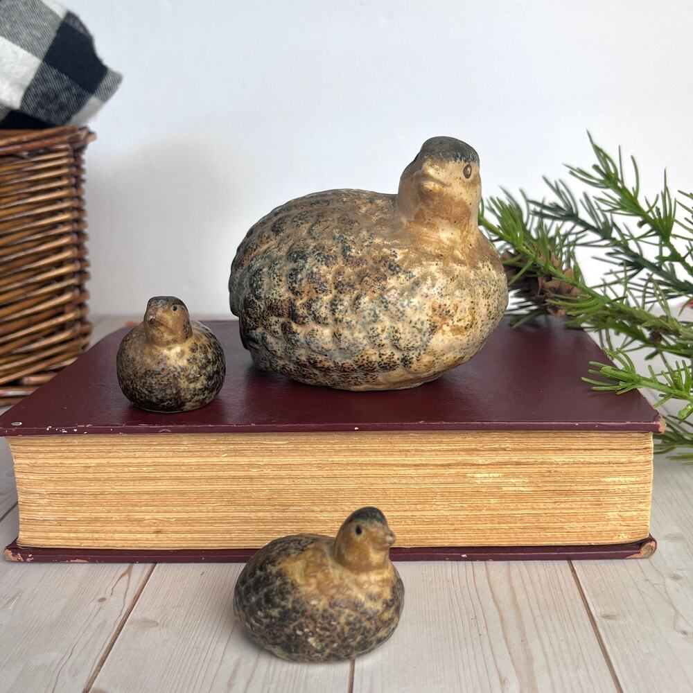 Lot of 3 Vintage Ceramic Quail Family Figurines Bird Brown Earth Tones Japan